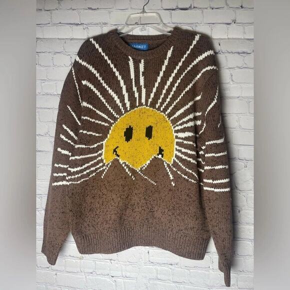 Market Studios Sunrise Sweater Crew Neck Smiley Brown Unisex Mens Size Large NWT